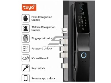Išmani durų spyna su veido ir delno atpažinimu | pirštų antspaudų | IC kortelių skaitytuvu | 420x78mm | juoda | TUYA | Wi-Fi 2 Išmani durų spyna su veido ir delno atpažinimu | pirštų antspaudų | IC kortelių skaitytuvu | 420x78mm | juoda | TUYA | Wi-Fi 2