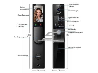 Išmani durų spyna su veido ir delno atpažinimu | pirštų antspaudų | IC kortelių skaitytuvu | 420x78mm | juoda | TUYA | Wi-Fi 1 Išmani durų spyna su veido ir delno atpažinimu | pirštų antspaudų | IC kortelių skaitytuvu | 420x78mm | juoda | TUYA | Wi-Fi 1