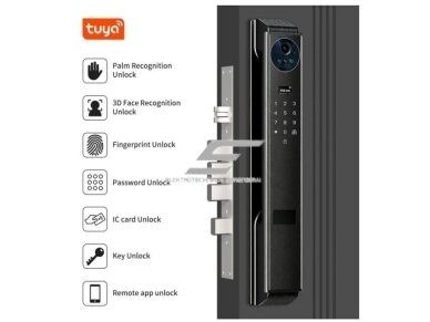 Išmani durų spyna su veido ir delno atpažinimu | pirštų antspaudų | IC kortelių skaitytuvu | 420x78mm | juoda | TUYA | Wi-Fi 2 Išmani durų spyna su veido ir delno atpažinimu | pirštų antspaudų | IC kortelių skaitytuvu | 420x78mm | juoda | TUYA | Wi-Fi 2