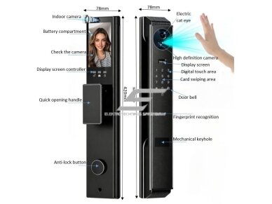Išmani durų spyna su veido ir delno atpažinimu | pirštų antspaudų | IC kortelių skaitytuvu | 420x78mm | juoda | TUYA | Wi-Fi 1 Išmani durų spyna su veido ir delno atpažinimu | pirštų antspaudų | IC kortelių skaitytuvu | 420x78mm | juoda | TUYA | Wi-Fi 1