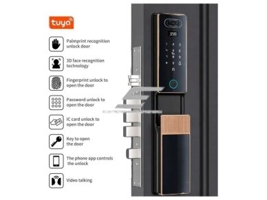 Išmani durų spyna su veido ir delno atpažinimu | pirštų antspaudų | IC kortelių skaitytuvu | 420x74x33mm | juoda | TUYA | Wi-Fi 3 Išmani durų spyna su veido ir delno atpažinimu | pirštų antspaudų | IC kortelių skaitytuvu | 420x74x33mm | juoda | TUYA | Wi-Fi 3