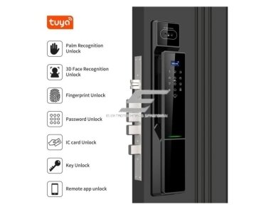 Išmani durų spyna su veido ir delno atpažinimu | pirštų antspaudų | IC kortelių skaitytuvu | 418x74x30mm | juoda | TUYA | Wi-Fi | IP66 3 Išmani durų spyna su veido ir delno atpažinimu | pirštų antspaudų | IC kortelių skaitytuvu | 418x74x30mm | juoda | TUYA | Wi-Fi | IP66 3