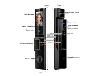 Išmani durų spyna su veido ir delno atpažinimu | pirštų antspaudų | IC kortelių skaitytuvu | 418x74x30mm | juoda | TUYA | Wi-Fi | IP66 1 Išmani durų spyna su veido ir delno atpažinimu | pirštų antspaudų | IC kortelių skaitytuvu | 418x74x30mm | juoda | TUYA | Wi-Fi | IP66 1
