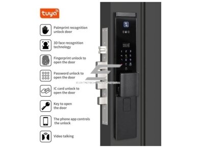 Išmani durų spyna su veido ir delno atpažinimu | pirštų antspaudų | IC kortelių skaitytuvu | 432x69x25mm | juoda | TUYA | Wi-Fi | IP66 2 Išmani durų spyna su veido ir delno atpažinimu | pirštų antspaudų | IC kortelių skaitytuvu | 432x69x25mm | juoda | TUYA | Wi-Fi | IP66 2