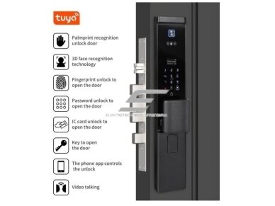 Išmani durų spyna su veido ir delno atpažinimu | pirštų antspaudų | IC kortelių skaitytuvu | 432x73x33mm | juoda | TUYA | Wi-Fi | IP66 3