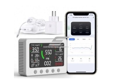Skaitmeninis | išmanus CO2 | TVOC | temperatūros | drėgmės | oro kokybės matuoklis | jutiklis | 2A | 12VDC | -20...+60°C | 5...95%RH | 400-5000PPM |  | baltas | Wi-Fi | Tuya Smart Life