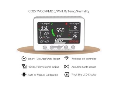 Skaitmeninis | išmanus CO2 | TVOC | temperatūros | drėgmės | oro kokybės matuoklis | jutiklis | 2A | 12VDC | -20...+60°C | 5...95%RH | 400-5000PPM |  | baltas | Wi-Fi | Tuya Smart Life 1