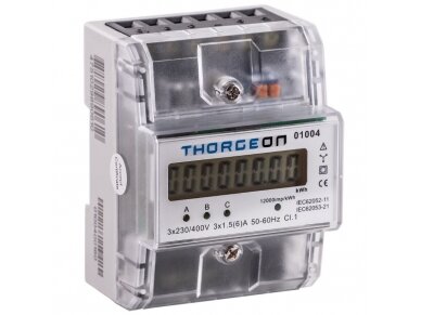 Modulinis trifazis elektros energijos skaitiklis | per srovės transformatorius …/5 A | 1,5(6) A | 3×230/400 V | 1 tarifas | impulsinis išėjimas | IP20 | DIN | THORGEON 01004 1