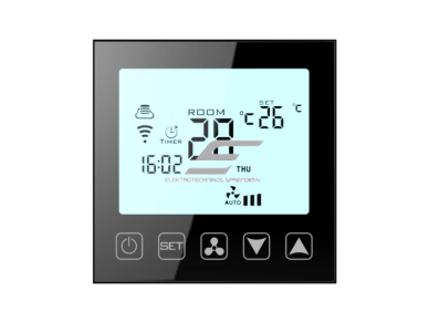 Išmanus liečiamas kambario termostatas | 24V / 230V | programuojamas | HVAC, fan coil ir oro kondicionavimo sistemoms | juodas Išmanus liečiamas kambario termostatas | 24V / 230V | programuojamas | HVAC, fan coil ir oro kondicionavimo sistemoms | juodas