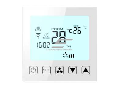 Išmanus liečiamas kambario termostatas | 24V / 230V | programuojamas | HVAC, fan coil ir oro kondicionavimo sistemoms | baltas Išmanus liečiamas kambario termostatas | 24V / 230V | programuojamas | HVAC, fan coil ir oro kondicionavimo sistemoms | baltas