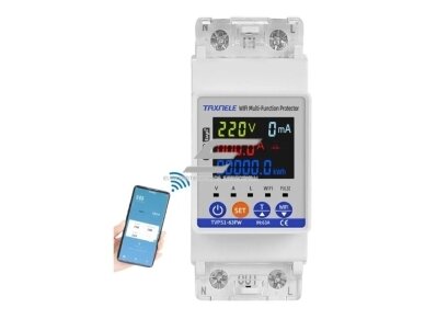 Modulinis | išmanus | skaitmeninis | multifunkcinis elektros energijos skaitiklis | 1F | 0-63A | 0-17kW | 230V | su apsaugos funkcijomis | DIN | Wi-Fi TUYA