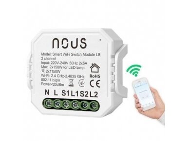 Išmanus | nuotolinis jungiklis | 2 kanalų | 230V | 2x5A | 2x1150W | 46x46x18mm | IP20 | Wi-Fi | Tuya | Smart Life | NOUS-L8 | 5907772033791 1 Išmanus | nuotolinis jungiklis | 2 kanalų | 230V | 2x5A | 2x1150W | 46x46x18mm | IP20 | Wi-Fi | Tuya | Smart Life | NOUS-L8 | 5907772033791 1