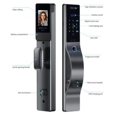 Smart door lock with facial recognition | fingerprint | IC card reader | 420x70x55mm | grey | TUYA | Wi-Fi 1 Smart door lock with facial recognition | fingerprint | IC card reader | 420x70x55mm | grey | TUYA | Wi-Fi 1