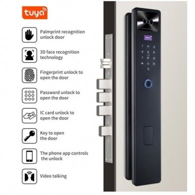 Nutikas ukselukk näo ja peopesa tuvastusega | sõrmejäljelugeja | IC-kaardi lugeja | 420x75x35mm | must | TUYA | Wi-Fi 2 Nutikas ukselukk näo ja peopesa tuvastusega | sõrmejäljelugeja | IC-kaardi lugeja | 420x75x35mm | must | TUYA | Wi-Fi 2