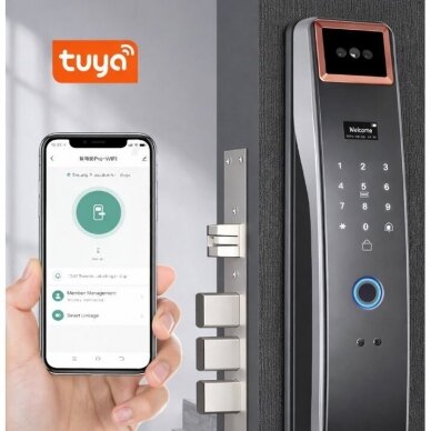 Viedā durvju slēdzene ar sejas atpazīšanu | pirkstu nospiedumu skeneri | IC karšu lasītāju | 432x73x28mm | pelēka | TUYA | Wi-Fi 3