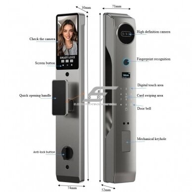 Smart door lock with facial recognition | fingerprint | IC card reader | 430x74x30mm | grey | TUYA | Wi-Fi 1 Smart door lock with facial recognition | fingerprint | IC card reader | 430x74x30mm | grey | TUYA | Wi-Fi 1