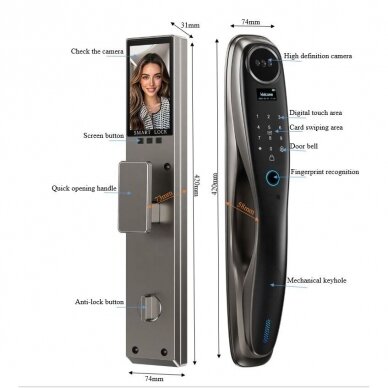 Smart door lock with face and palm recognition | fingerprint | IC card reader | 420x74x31mm | grey | TUYA | Wi-Fi 1 Smart door lock with face and palm recognition | fingerprint | IC card reader | 420x74x31mm | grey | TUYA | Wi-Fi 1