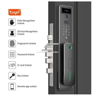 Nutikas ukselukk näo ja peopesa tuvastusega | sõrmejäljelugeja | IC-kaardi lugeja | 420x76x35mm | must | TUYA | Wi-Fi 3