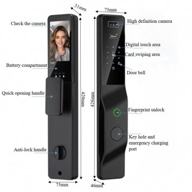 Smart door lock with face and palm recognition | fingerprint | IC card reader | 420x75x31mm | black | TUYA | Wi-Fi 1 Smart door lock with face and palm recognition | fingerprint | IC card reader | 420x75x31mm | black | TUYA | Wi-Fi 1