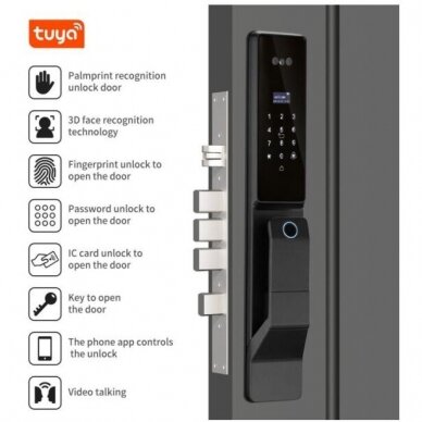 Viedā durvju slēdzene ar sejas un plaukstas atpazīšanu | pirkstu nospiedumu | IC karšu lasītāju | 425x75x30mm | melna | TUYA | Wi-Fi | IP66 3 Viedā durvju slēdzene ar sejas un plaukstas atpazīšanu | pirkstu nospiedumu | IC karšu lasītāju | 425x75x30mm | melna | TUYA | Wi-Fi | IP66 3