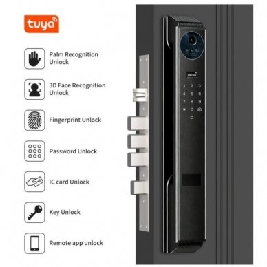 Viedā durvju slēdzene ar sejas un plaukstas atpazīšanu | pirkstu nospiedumu | IC karšu lasītāju | 420x78mm | melns | TUYA | Wi-Fi 2
