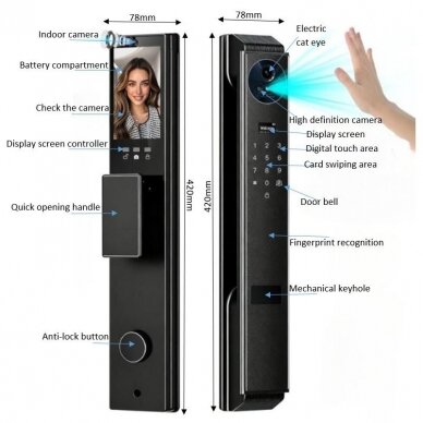 Viedā durvju slēdzene ar sejas un plaukstas atpazīšanu | pirkstu nospiedumu | IC karšu lasītāju | 420x78mm | melns | TUYA | Wi-Fi 1 Viedā durvju slēdzene ar sejas un plaukstas atpazīšanu | pirkstu nospiedumu | IC karšu lasītāju | 420x78mm | melns | TUYA | Wi-Fi 1