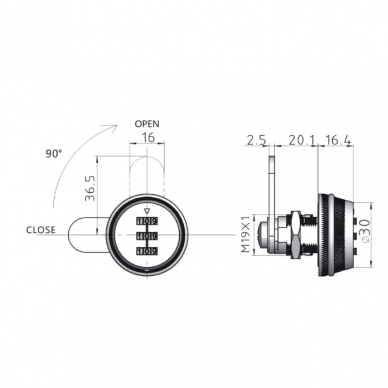 Coded lock | 3-digit | for cabinet | safe | 20mm | silver 2