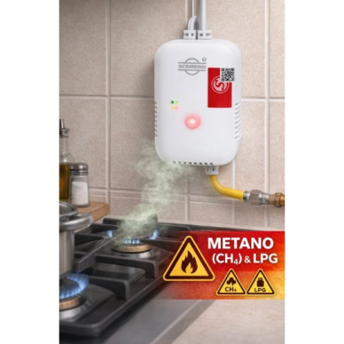 Gāzes noplūdes detektors | metāna (CH₄) un LPG noteikšana | līdz 10 m | skaņas + gaismas signāls | 230V AC | automātiska atiestatīšana | sienas montāža 3