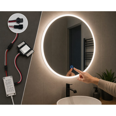 Skārienjutīgs LED spoguļa kontrolieris | skārienu slēdzis | 12V | 5A | 60W | regulējams spilgtums | CCT | pretaizsvīšanas apsildes vadība 4 Skārienjutīgs LED spoguļa kontrolieris | skārienu slēdzis | 12V | 5A | 60W | regulējams spilgtums | CCT | pretaizsvīšanas apsildes vadība 4