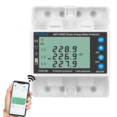Smart three-phase bidirectional energy meter with voltage, current and phase-sequence protection | 1–80 A | 3×230/400 V | Wi-Fi Tuya | DIN | EL-TVPS3-80T