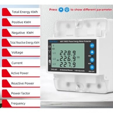 Smart three-phase bidirectional energy meter with voltage, current and phase-sequence protection | 1–80 A | 3×230/400 V | Wi-Fi Tuya | DIN | EL-TVPS3-80T 3