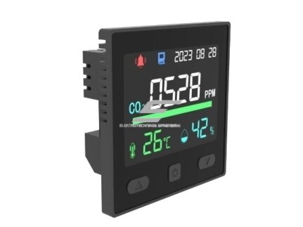 Skaitmeninis | išmanus CO2 | temperatūros | drėgmės | oro kokybės matuoklis | jutiklis | 12VDC | 0-5000PPM | -20...+60°C | 5...95%RH | juodas | potinkinis | RS485 | IoT | Tuya 2
