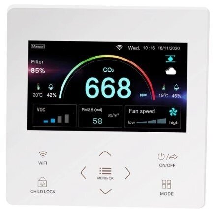 Nutikas ventilaatori kontroller CO2 ja VOC anduriga | EC 0-10V | valge | Wi-Fi | RS485 | Tuya Nutikas ventilaatori kontroller CO2 ja VOC anduriga | EC 0-10V | valge | Wi-Fi | RS485 | Tuya