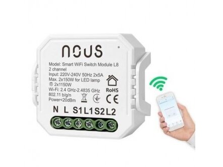 Išmanus | nuotolinis jungiklis | 2 kanalų | 230V | 2x5A | 2x1150W | 46x46x18mm | IP20 | Wi-Fi | Tuya | Smart Life | NOUS-L8 | 5907772033791 1
