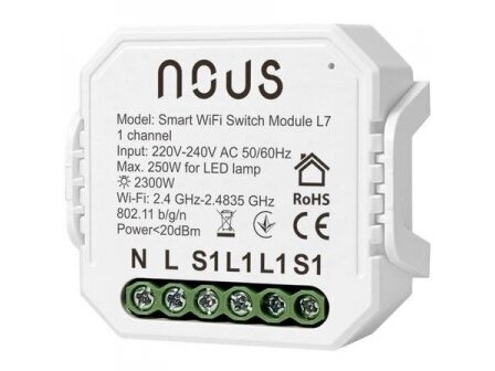 Išmanus | nuotolinis jungiklis | 1 kanalo | 230V | 2200W | 46x46x18mm | IP20 | Wi-Fi | Tuya | Smart Life | NOUS-L7 | 5907772033784