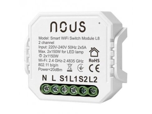 Išmanus | nuotolinis jungiklis | 2 kanalų | 230V | 2x5A | 2x1150W | 46x46x18mm | IP20 | Wi-Fi | Tuya | Smart Life | NOUS-L8 | 5907772033791 Išmanus | nuotolinis jungiklis | 2 kanalų | 230V | 2x5A | 2x1150W | 46x46x18mm | IP20 | Wi-Fi | Tuya | Smart Life | NOUS-L8 | 5907772033791
