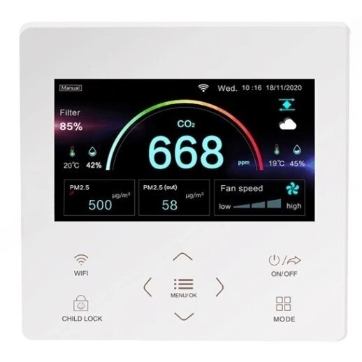 Nutikas ventilaatori kontroller CO2 ja PM2.5 anduriga | 95-240VAC | valge | Wi-Fi | RS485 | Tuya Nutikas ventilaatori kontroller CO2 ja PM2.5 anduriga | 95-240VAC | valge | Wi-Fi | RS485 | Tuya