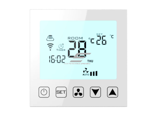 Išmanus liečiamas kambario termostatas | 24V / 230V | programuojamas | HVAC, fan coil ir oro kondicionavimo sistemoms | baltas Išmanus liečiamas kambario termostatas | 24V / 230V | programuojamas | HVAC, fan coil ir oro kondicionavimo sistemoms | baltas