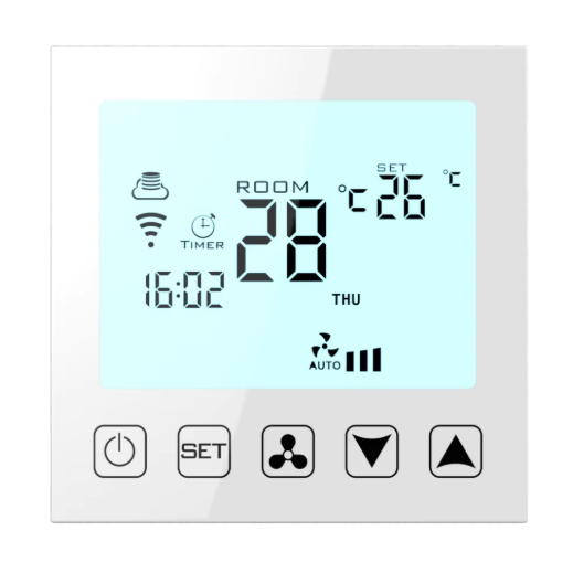 Nutikas puutetundlik ruumitermostaat | 24V / 230V | programmeeritav | HVAC, fan coil ja kliimaseadmete süsteemidele | valge Nutikas puutetundlik ruumitermostaat | 24V / 230V | programmeeritav | HVAC, fan coil ja kliimaseadmete süsteemidele | valge