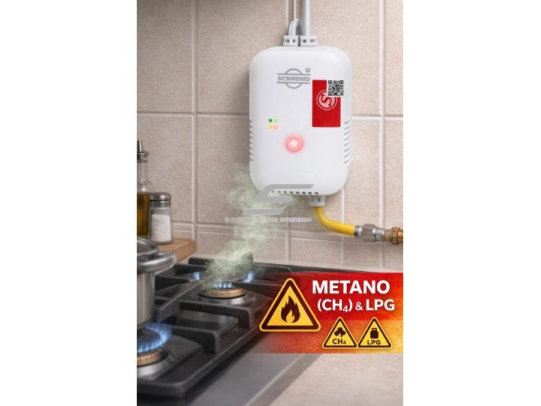 Dujų nuotėkio detektorius | metano (CH₄) ir LPG aptikimas | iki 10 m | garsinis + šviesos signalas | 230V AC | automatinis reset | sieninis 3