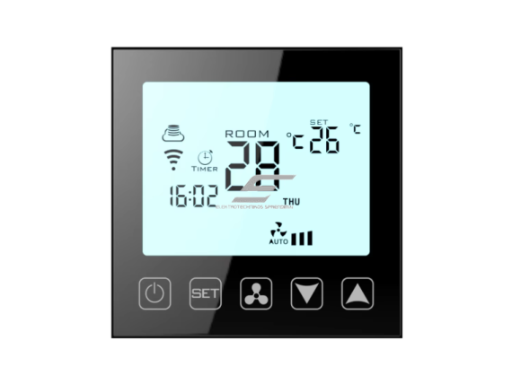 Išmanus liečiamas kambario termostatas | 24V / 230V | programuojamas | HVAC, fan coil ir oro kondicionavimo sistemoms | juodas