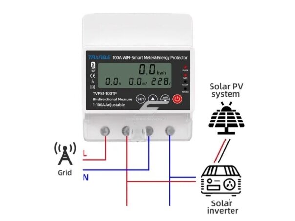 Modulinis | išmanus | skaitmeninis elektros energijos skaitiklis saulės baterijoms | 1F | 1-100A | 230VAC | DIN | Wi-Fi | TUYA 1