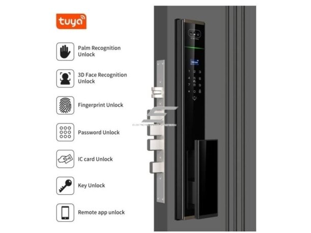 Išmani durų spyna su veido ir delno atpažinimu | pirštų antspaudų | IC kortelių skaitytuvu | 420x79x32mm | juoda | TUYA | Wi-Fi | IP66 3 Išmani durų spyna su veido ir delno atpažinimu | pirštų antspaudų | IC kortelių skaitytuvu | 420x79x32mm | juoda | TUYA | Wi-Fi | IP66 3