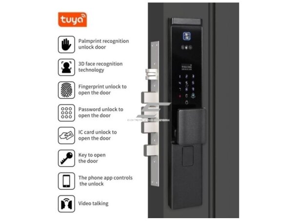 Išmani durų spyna su veido ir delno atpažinimu | pirštų antspaudų | IC kortelių skaitytuvu | 432x73x33mm | juoda | TUYA | Wi-Fi | IP66 3