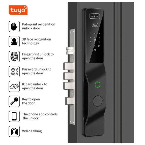 Smart door lock with face and palm recognition | fingerprint | IC card reader | 420x75x31mm | black | TUYA | Wi-Fi 3 Smart door lock with face and palm recognition | fingerprint | IC card reader | 420x75x31mm | black | TUYA | Wi-Fi 3