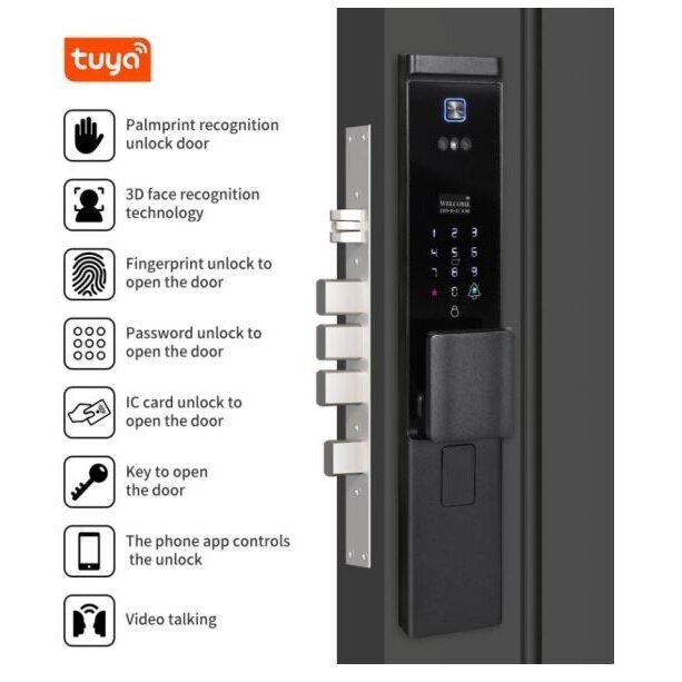 Nutikas ukselukk näo ja peopesa tuvastusega | sõrmejäljelugeja | IC-kaardi lugeja | 432x73x33mm | must | TUYA | Wi-Fi | IP66 3 Nutikas ukselukk näo ja peopesa tuvastusega | sõrmejäljelugeja | IC-kaardi lugeja | 432x73x33mm | must | TUYA | Wi-Fi | IP66 3