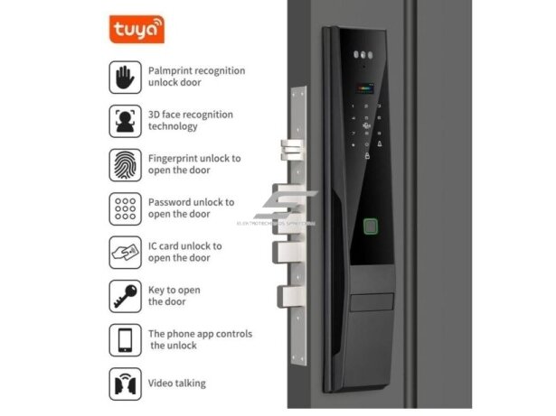 Išmani durų spyna su veido ir delno atpažinimu | pirštų antspaudų | IC kortelių skaitytuvu | 420x74x33mm | juoda | TUYA | Wi-Fi 3 Išmani durų spyna su veido ir delno atpažinimu | pirštų antspaudų | IC kortelių skaitytuvu | 420x74x33mm | juoda | TUYA | Wi-Fi 3