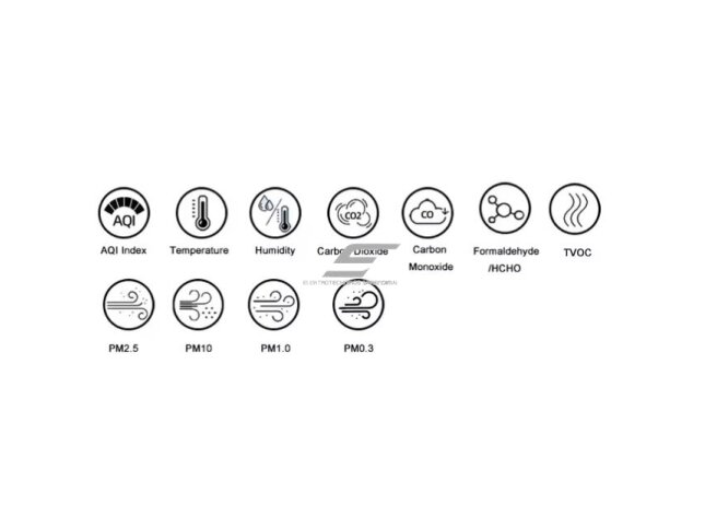 Skaitmeninis | išmanus CO2 | CO | TVOC | HCHO | temperatūros | drėgmės | oro kokybės matuoklis | jutiklis | 400-5000PPM | -10...+50°C | 0-99%RH | baltas | 15 in 1 | IP40 | Wi-Fi | Tuya 3