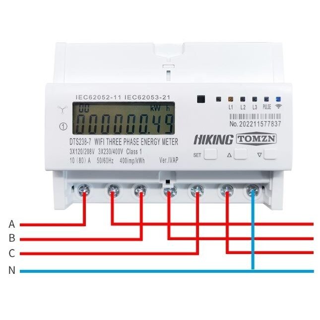 Moodul-kolmefaasiline nutikas elektriarvesti releega | 60 A | 3×230/400 V | Wi-Fi Tuya | kaugjuhtimine | U/I kaitse | RS485 | DIN | Tomzn TO-DTS238 6