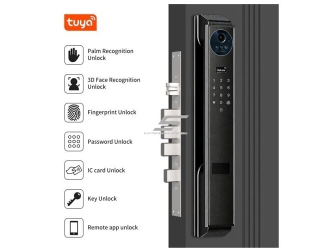 Išmani durų spyna su veido ir delno atpažinimu | pirštų antspaudų | IC kortelių skaitytuvu | 420x78mm | juoda | TUYA | Wi-Fi 2 Išmani durų spyna su veido ir delno atpažinimu | pirštų antspaudų | IC kortelių skaitytuvu | 420x78mm | juoda | TUYA | Wi-Fi 2